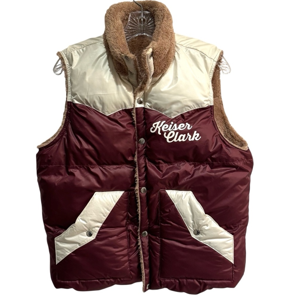 KEISER CLARK Lucky 7 REVERSIBLE Puffer Vest Size S Maroon Beige Pockets